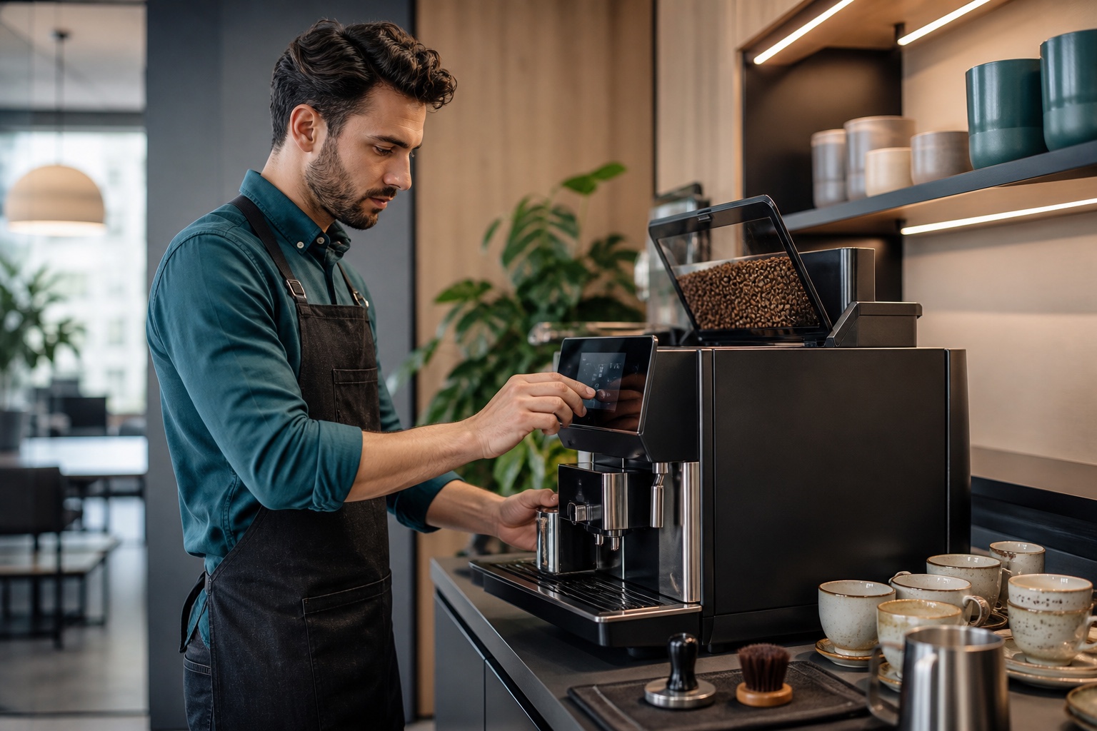 Técnico calibrando una máquina automática de café en una oficina