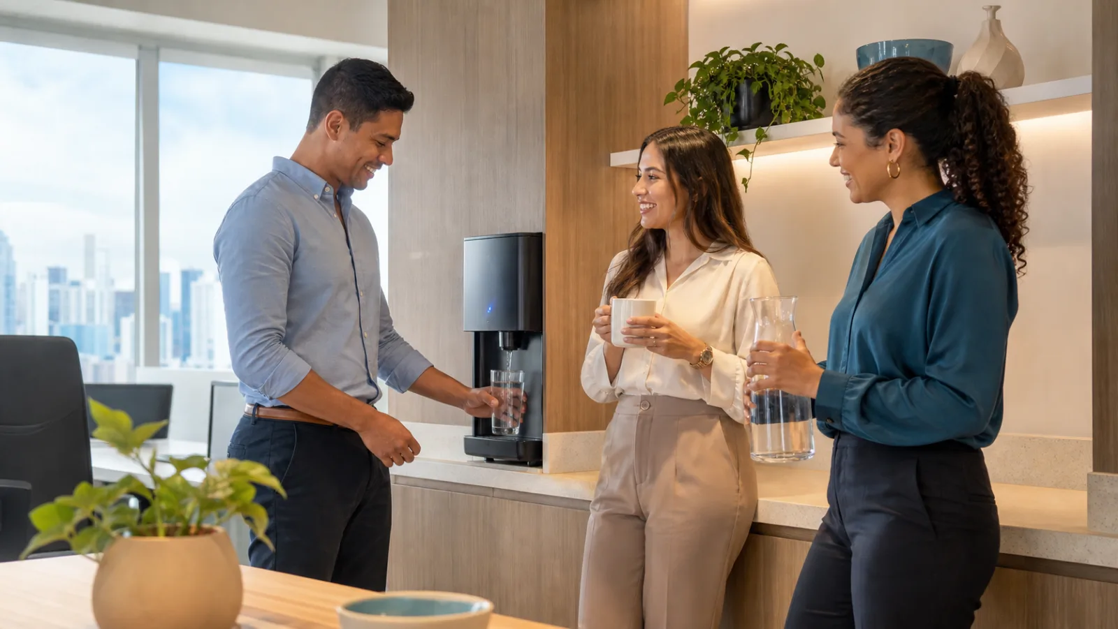 Compañeros de oficina utilizando un dispensador de agua en una cocina corporativa