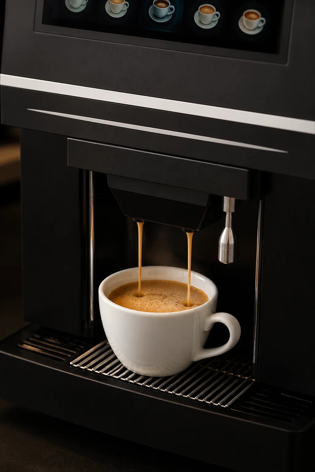 Café espresso preparado automáticamente y servido en una taza