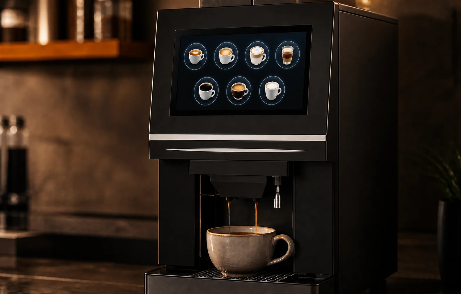 Máquina automática mostrando siete opciones mientras prepara una bebida