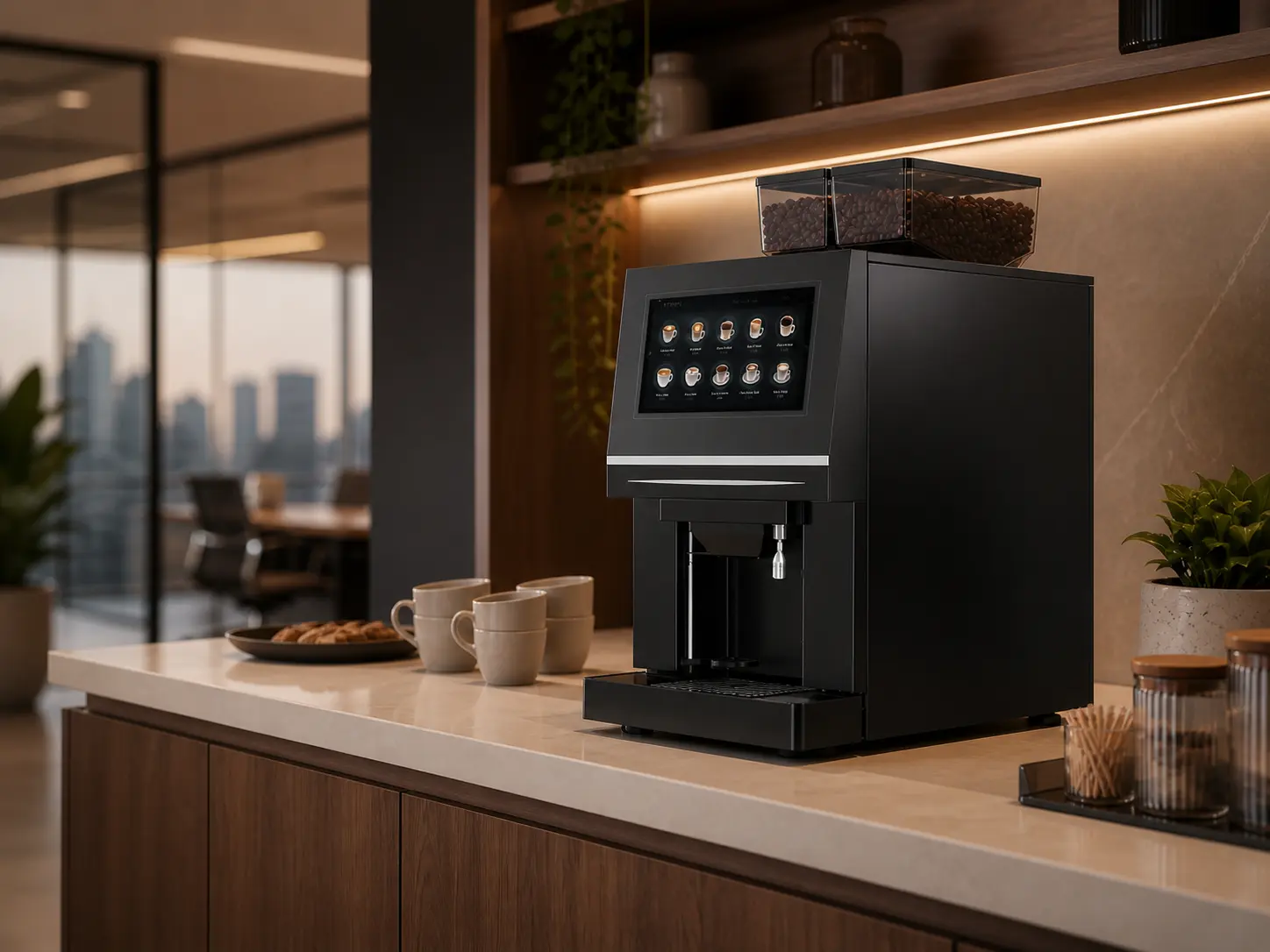 Máquina automática de café instalada en una estación de pausa corporativa