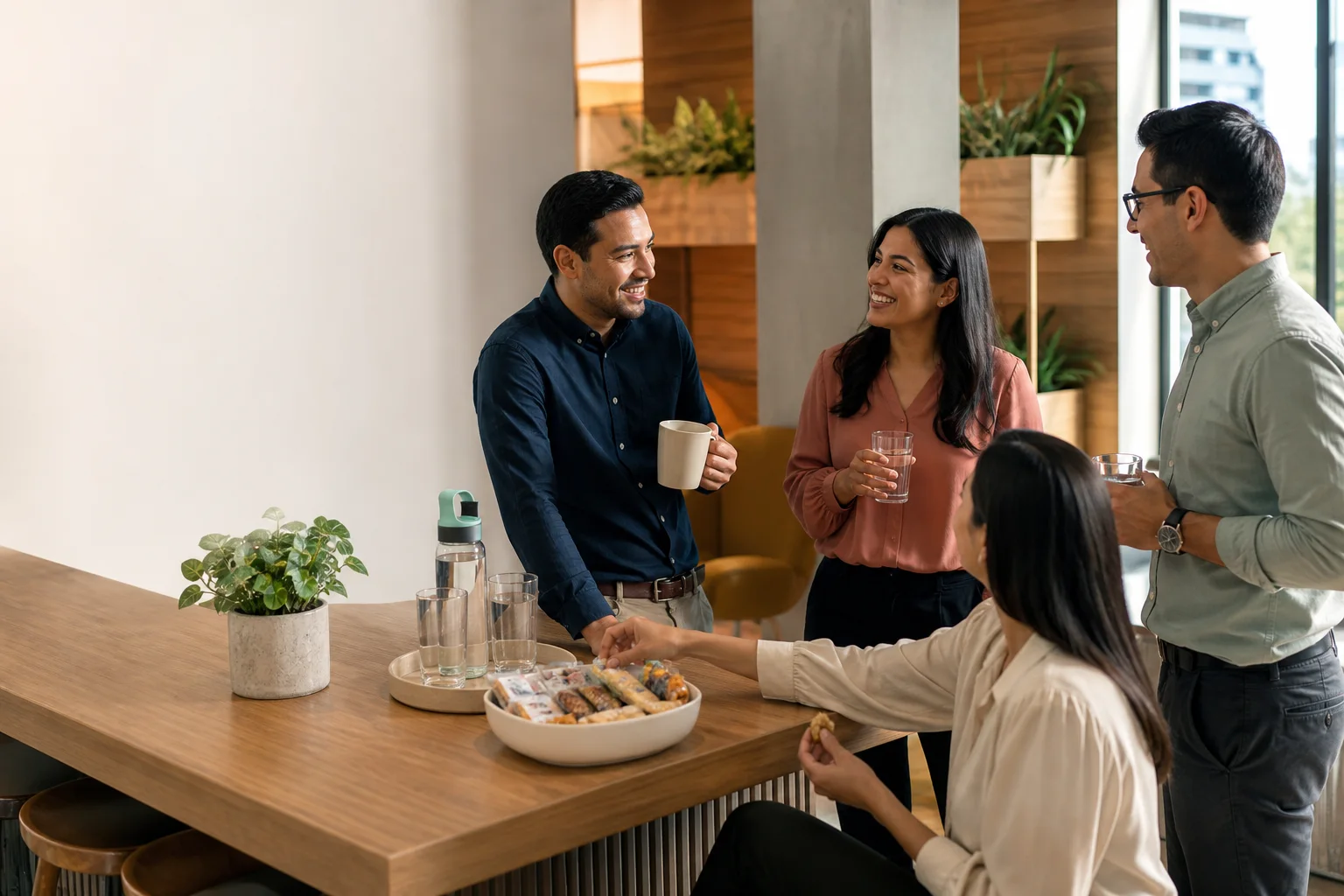 Equipo compartiendo café, agua y snacks durante una pausa en la oficina
