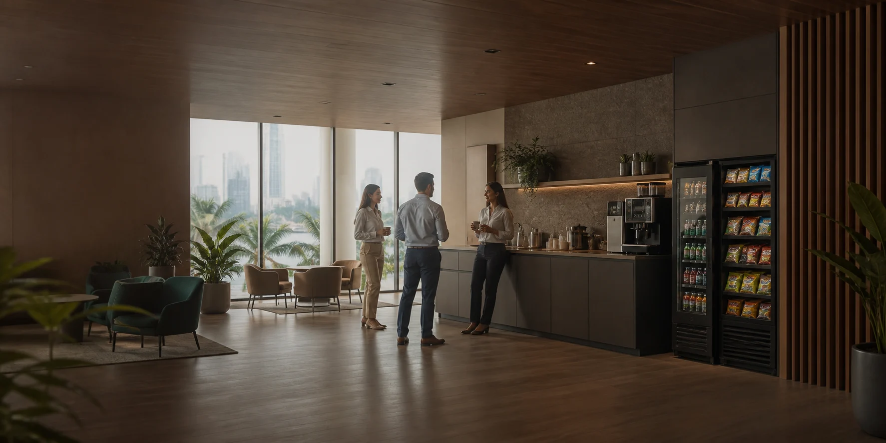 Profesionales conversando en un área de café y snacks dentro de una oficina moderna