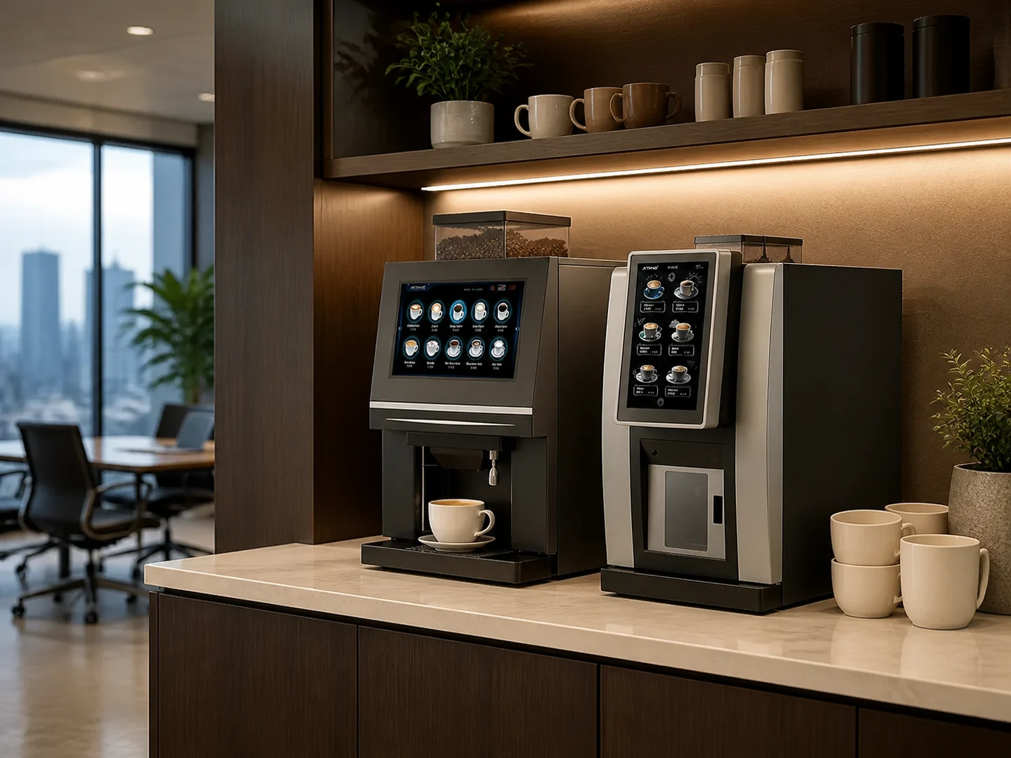 Estación de café automático instalada en una oficina contemporánea
