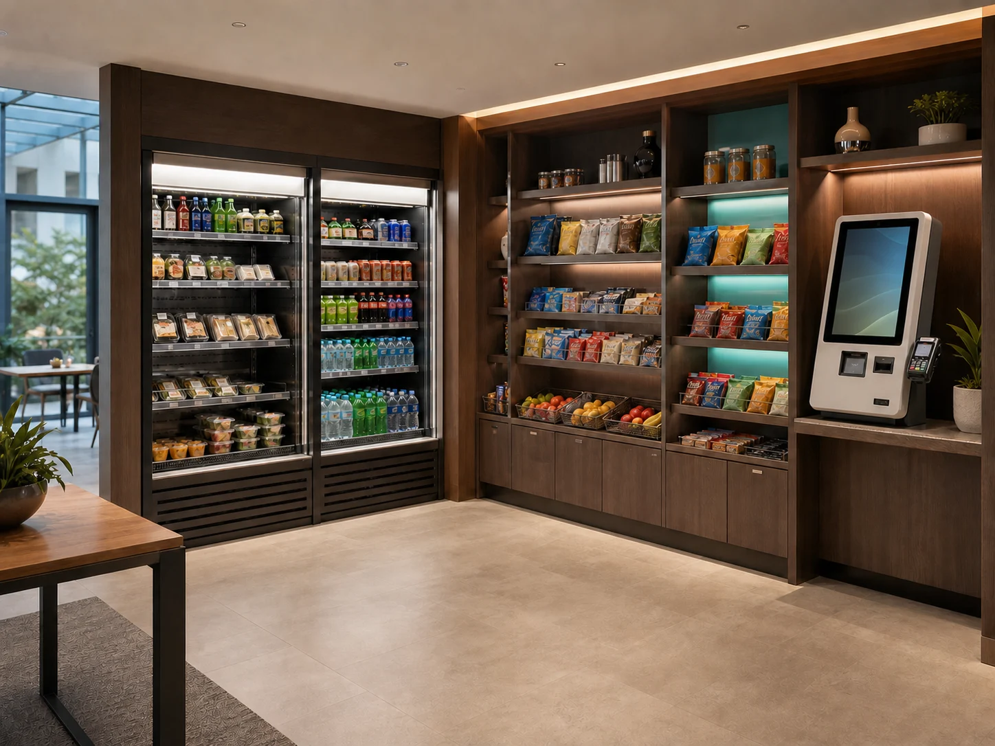 Micromercado de oficina con refrigeradores, estantes y quiosco de autopago