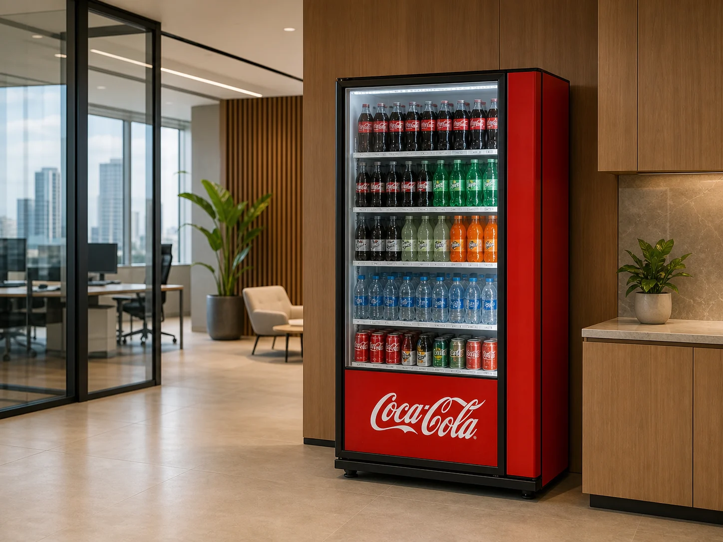 Máquina de bebidas Coca-Cola instalada en una oficina contemporánea