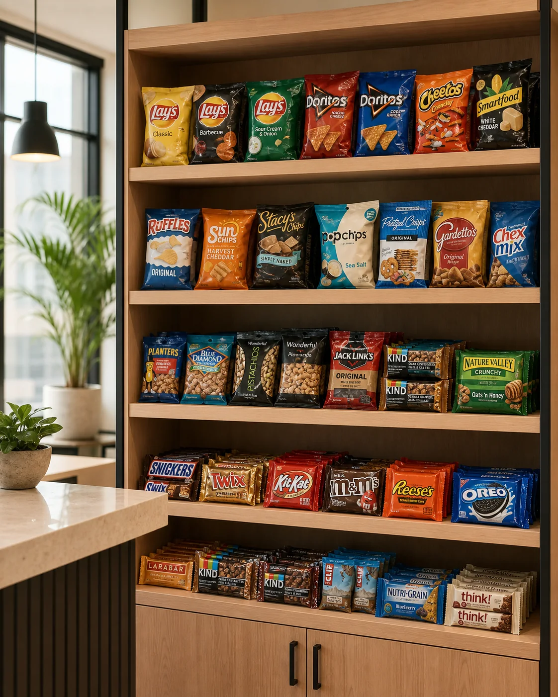 Estantería de MicroMarket con snacks dulces, salados y barras de marcas reconocidas