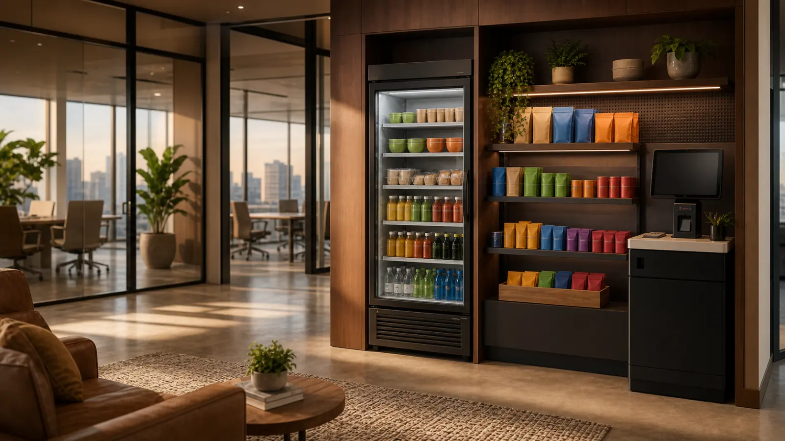 MicroMarket de autoservicio instalado en una oficina contemporánea