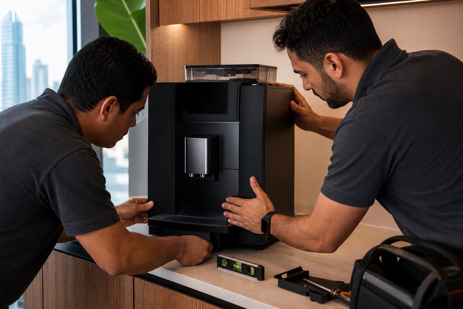 Dos técnicos instalando y nivelando una máquina automática de café