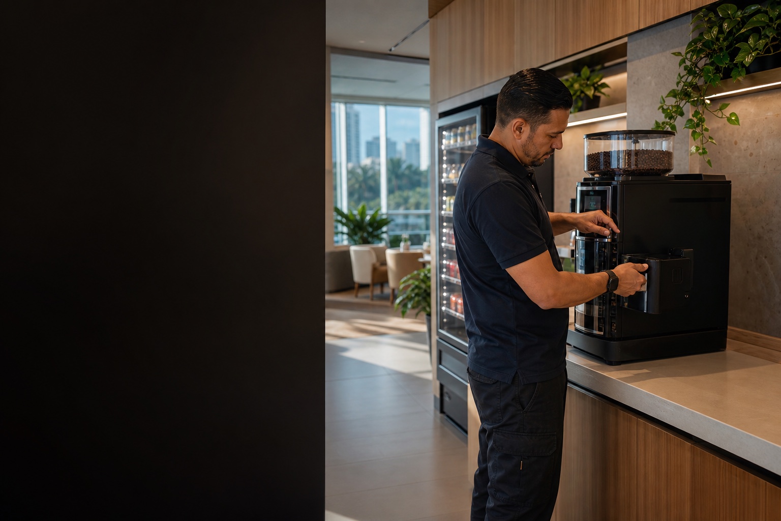 Técnico dando servicio a una estación de café en una oficina