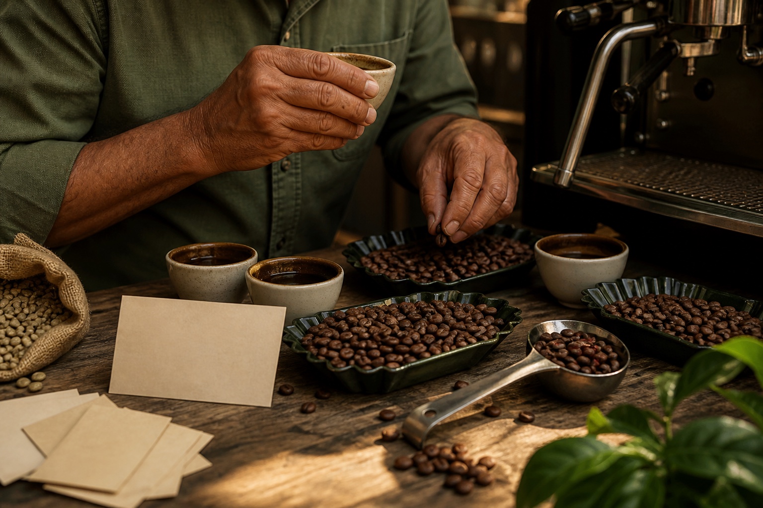 Manos evaluando granos y distintas preparaciones de café