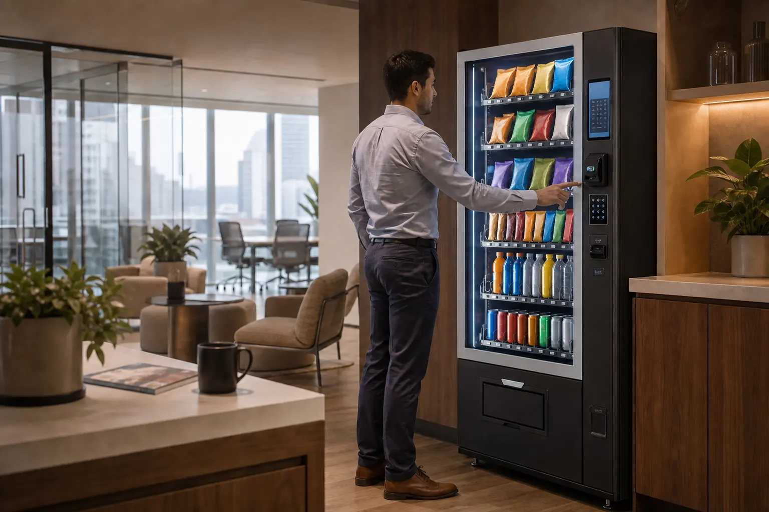 Persona eligiendo un producto en una máquina de snacks dentro de una oficina